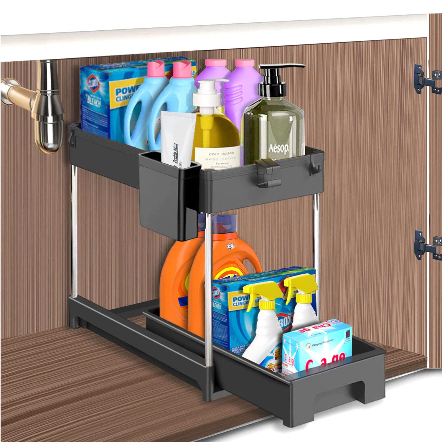 WAYLHECT Under Sink Organizer,2 Tier Under Bathroom Sink Organizers and Storage for Kitchen, Bathroom Black