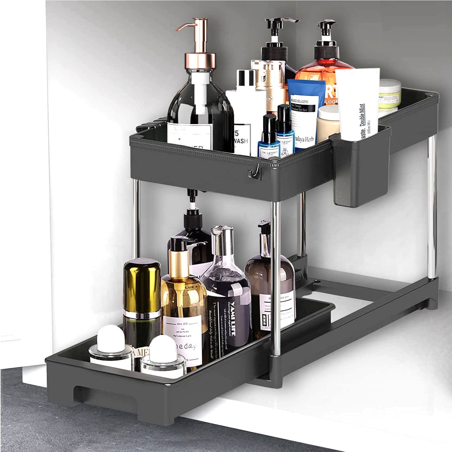 WAYLHECT Under Sink Organizer,2 Tier Under Bathroom Sink Organizers and Storage for Kitchen, Bathroom Black