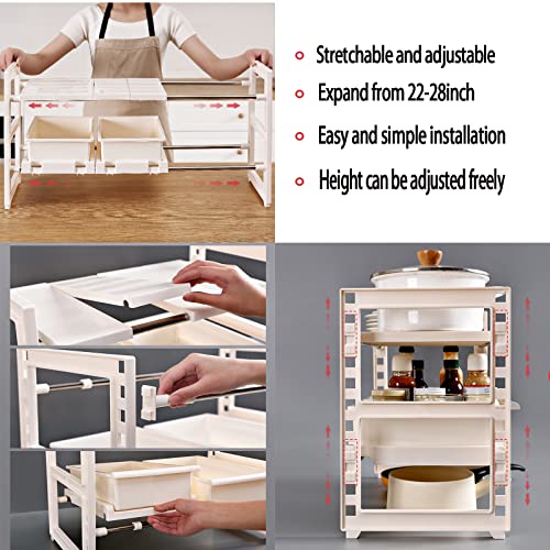 Meonddizio Under Sink Organizers and Storage with Sliding Drawer,Expandable Under Sink 2 Tier (Expand from 22 to 28 inches),2 pack Drawers for Kitchen/Bathroom/Bedroom/Office.