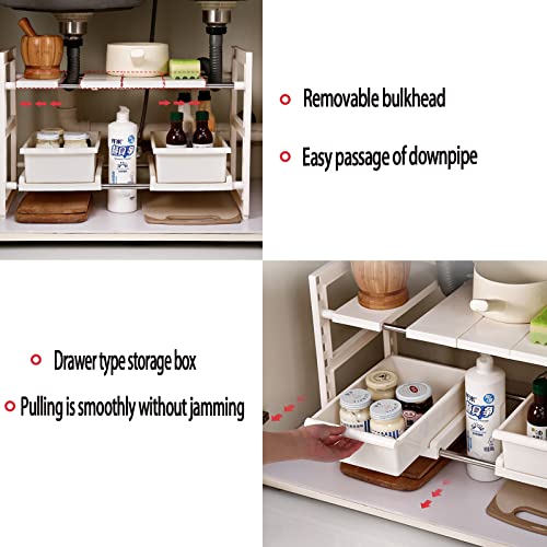 Meonddizio Under Sink Organizers and Storage with Sliding Drawer,Expandable Under Sink 2 Tier (Expand from 22 to 28 inches),2 pack Drawers for Kitchen/Bathroom/Bedroom/Office.