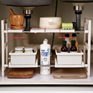 Meonddizio Under Sink Organizers and Storage with Sliding Drawer,Expandable Under Sink 2 Tier (Expand from 22 to 28 inches),2 pack Drawers for Kitchen/Bathroom/Bedroom/Office.