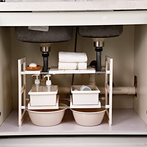 Meonddizio Under Sink Organizers and Storage with Sliding Drawer,Expandable Under Sink 2 Tier (Expand from 22 to 28 inches),2 pack Drawers for Kitchen/Bathroom/Bedroom/Office.