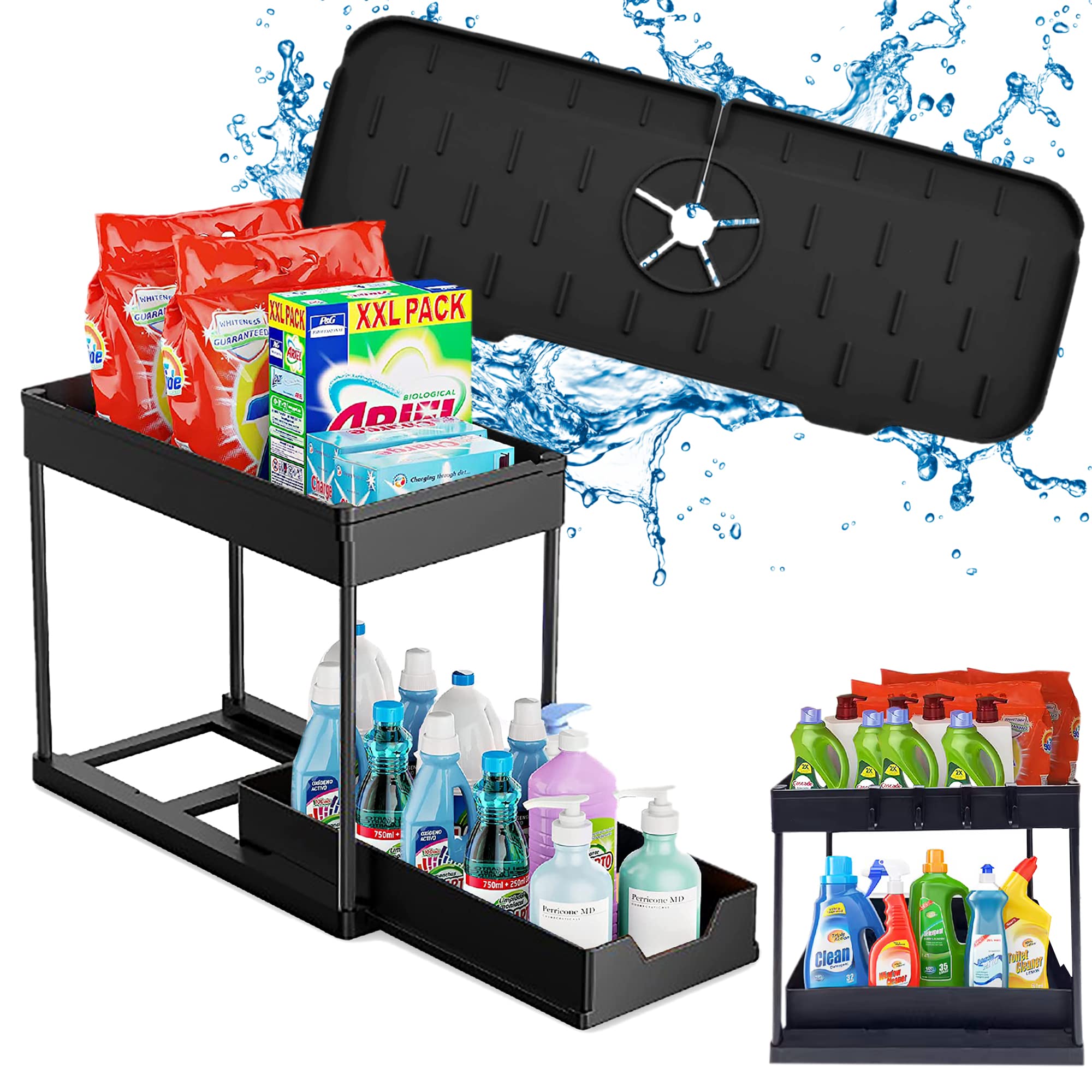 2 levels Under Sink Organizer, Under Sink Organizers with Sliders & Hooks, Our Bathroom Organization Comes with Sink Splash Guard, Black Kitchen Sink Organizer, Under Sink Organizers And Storage