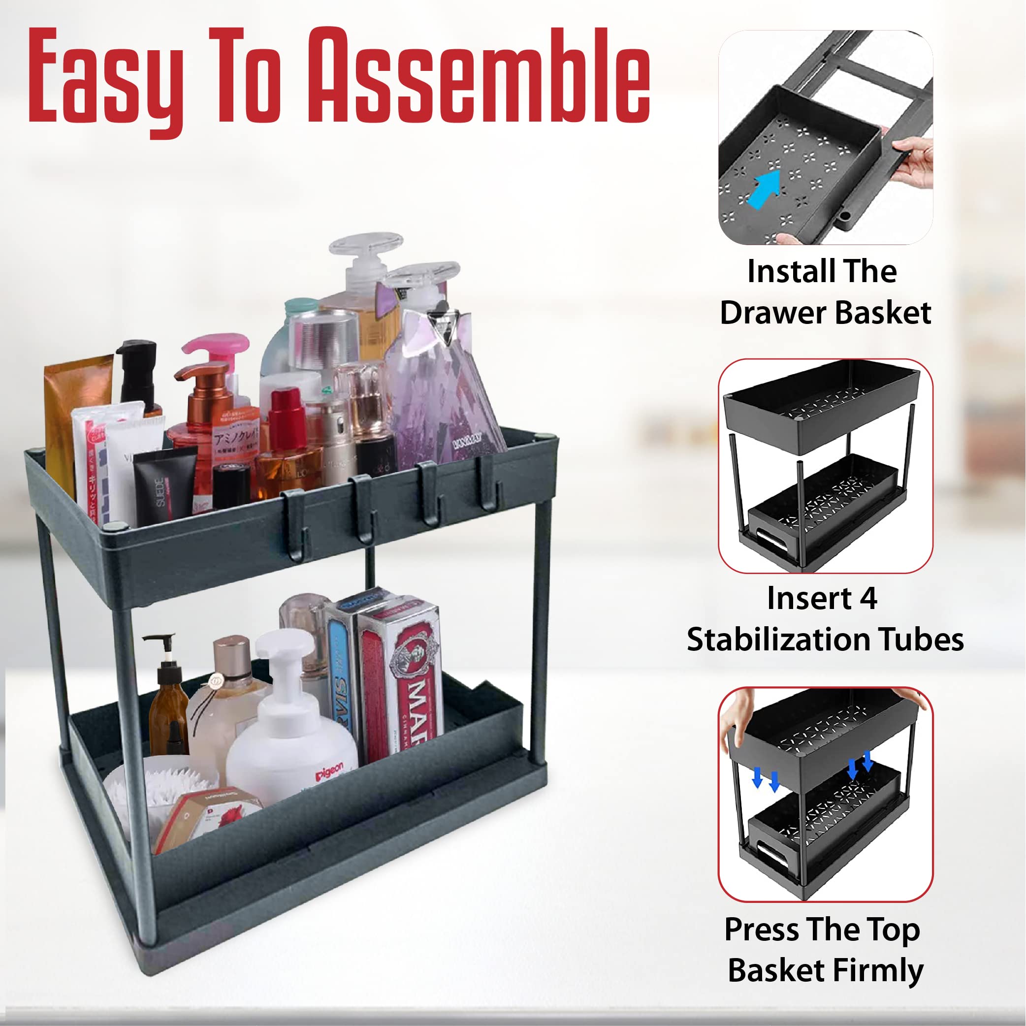 2 levels Under Sink Organizer, Under Sink Organizers with Sliders & Hooks, Our Bathroom Organization Comes with Sink Splash Guard, Black Kitchen Sink Organizer, Under Sink Organizers And Storage