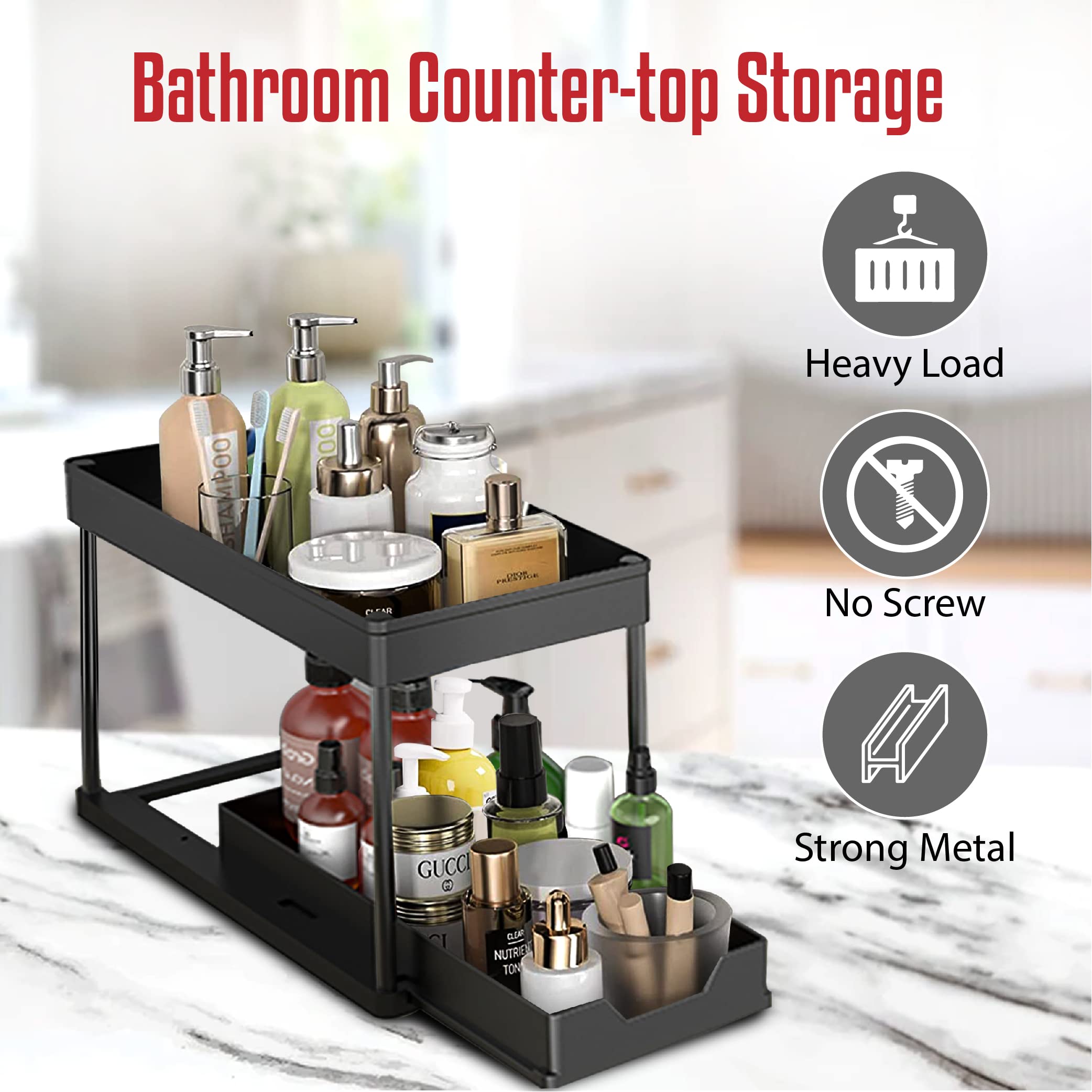 2 levels Under Sink Organizer, Under Sink Organizers with Sliders & Hooks, Our Bathroom Organization Comes with Sink Splash Guard, Black Kitchen Sink Organizer, Under Sink Organizers And Storage