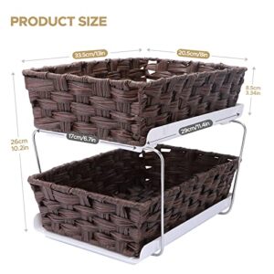 TCJJ 2-Tier Brown Storage Baskets for Organizing, Under Bathroom/Kitchen Sink Organizers and Storage, 2 Woven Sliding Baskets for Bathroom Kitchen Pantry Medicine Cabinet Counter