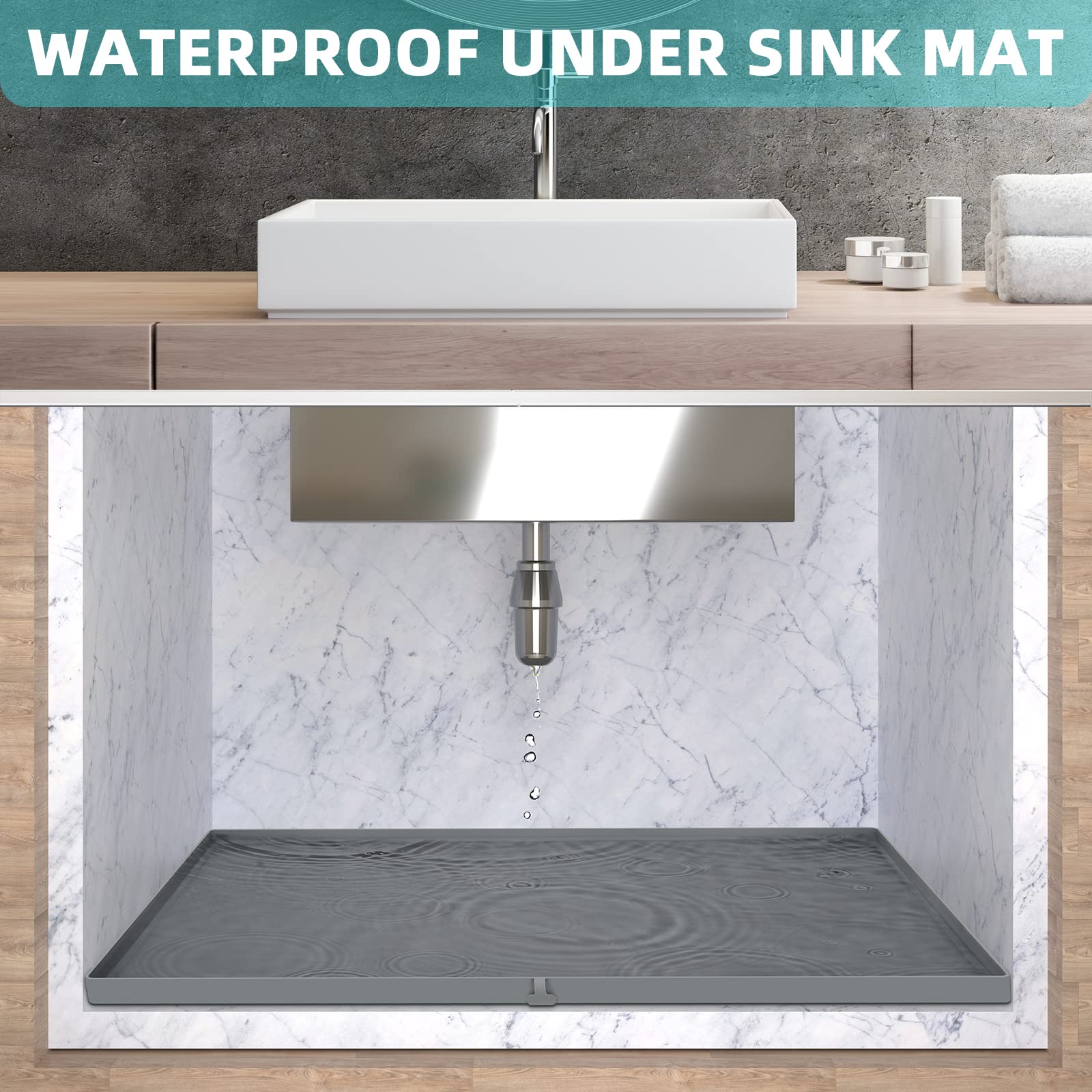 Under Sink Mats for Kitchen Waterproof, 34"X22" Under Sink Liner, Under Sink Drip Tray with Drain Hole, Kitchen Bathroom Under Sink Cabinet Mat and Protector for Drips Leaks Spills (Grey)