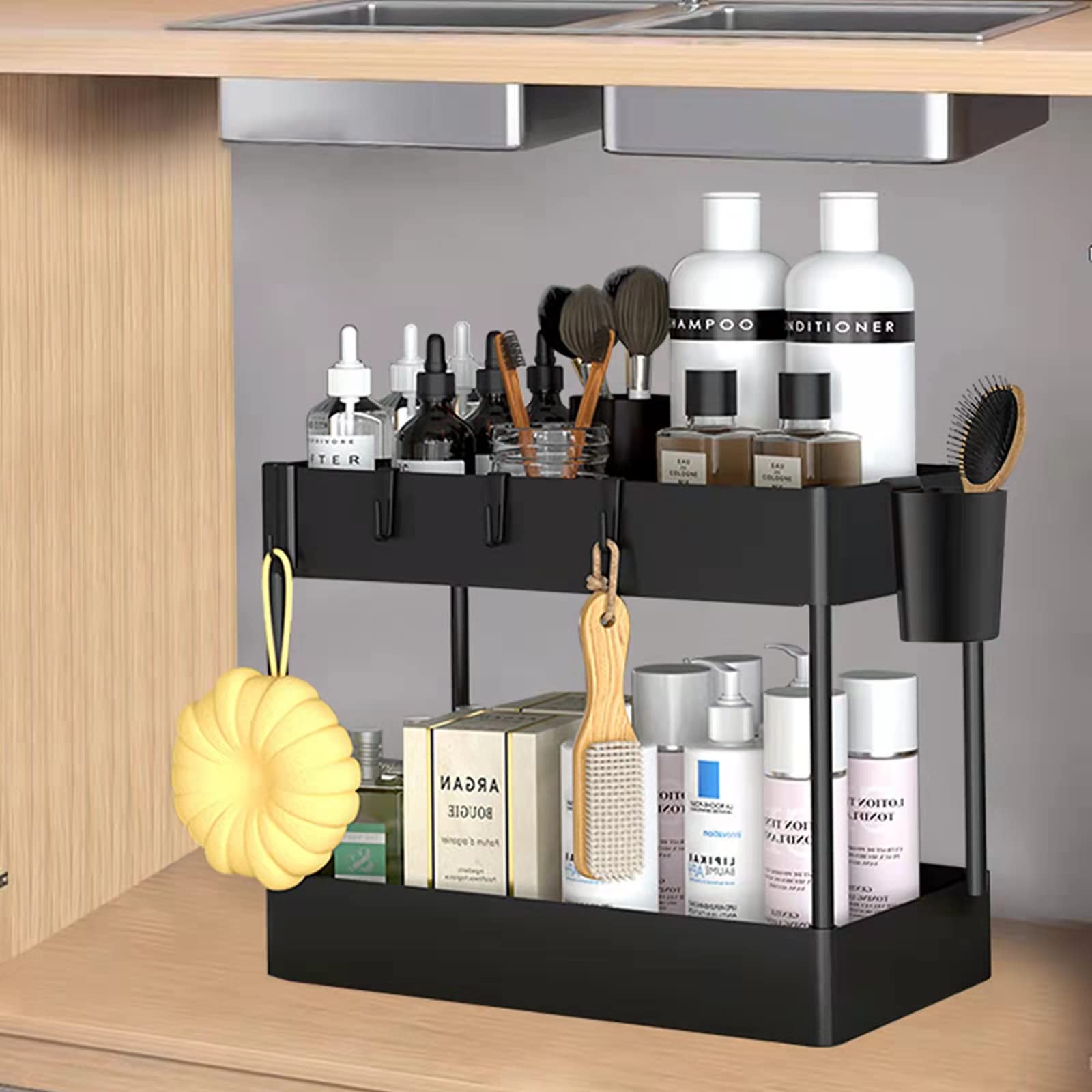 Under Sink Organizers, 2 Tier Under Bathroom Cabinet Storage with 6 Hooks and Collection Baskets, Multi-purpose Under Sink Storage Rack for Bathroom Kitchen Living Countertop and Cabinet