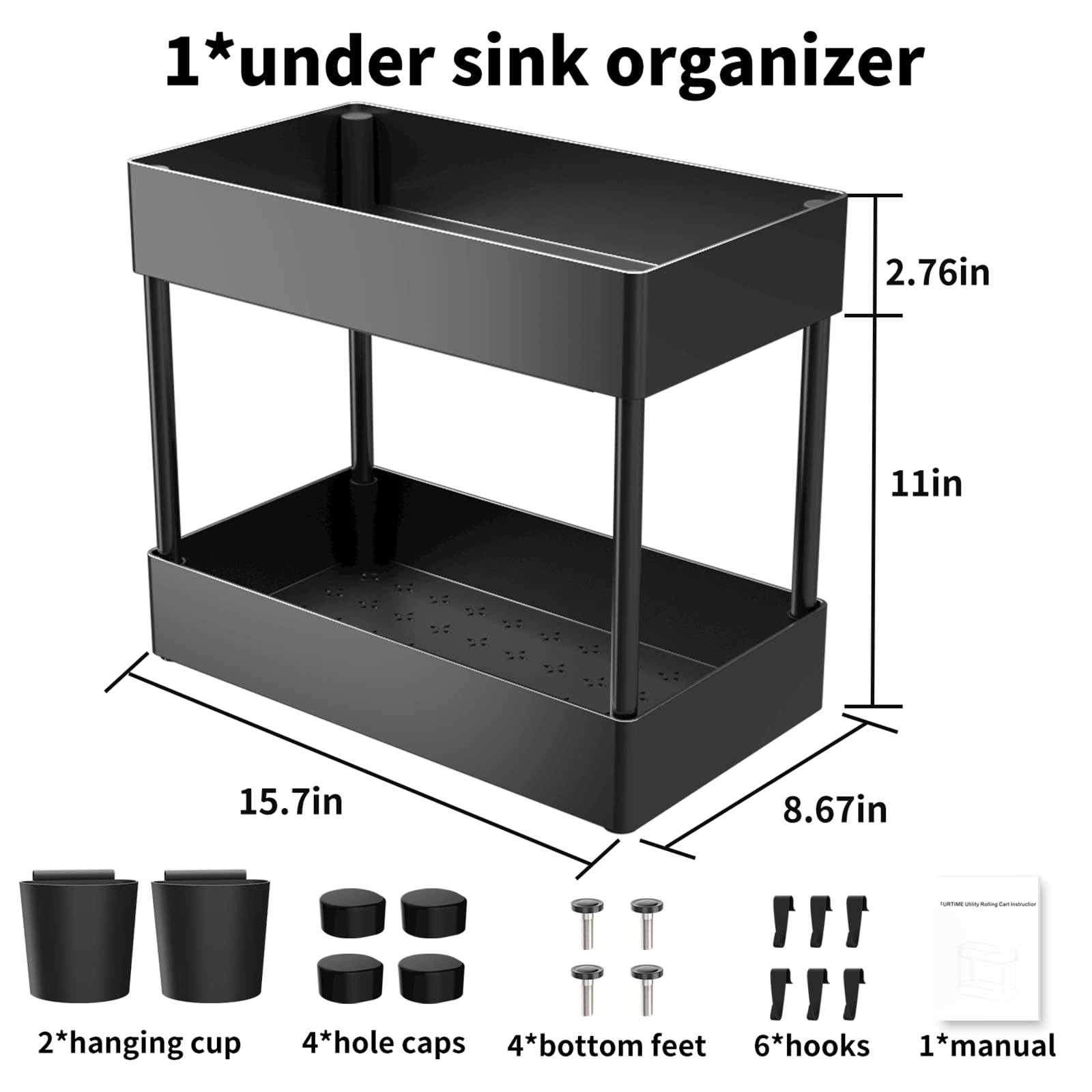 Under Sink Organizers, 2 Tier Under Bathroom Cabinet Storage with 6 Hooks and Collection Baskets, Multi-purpose Under Sink Storage Rack for Bathroom Kitchen Living Countertop and Cabinet