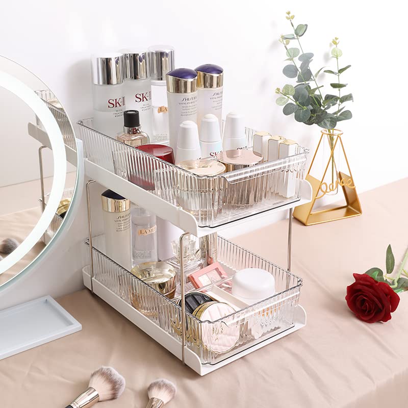 Beelee Under Sink Organizer with Dividers: 2 Tier Bathroom Organizer Tray Clear Pull Out Storage for Bathroom and Kitchen - Pantry Cabinet Shelf