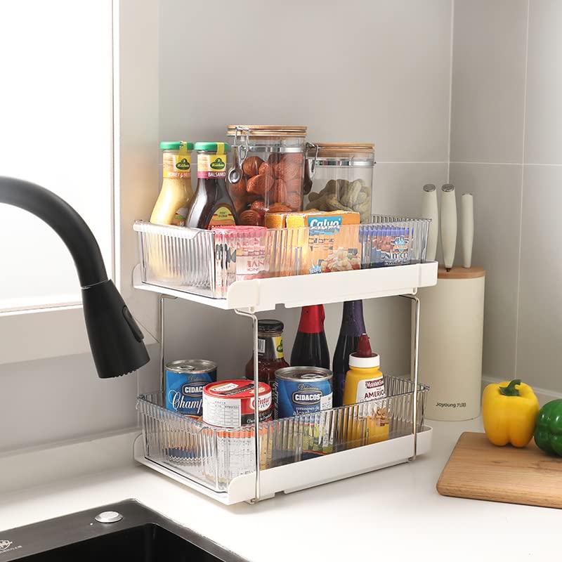 Beelee Under Sink Organizer with Dividers: 2 Tier Bathroom Organizer Tray Clear Pull Out Storage for Bathroom and Kitchen - Pantry Cabinet Shelf