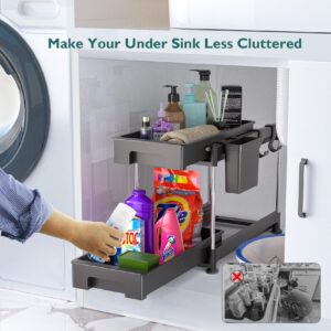 Bathroom Organizer, HEMOPLT Double Sliding Under Sink Organizers and Storage, Adjustable Height Under Bathroom Sink Organizers and Storage, Non-slip Mat Bathroom Drawer Organizers