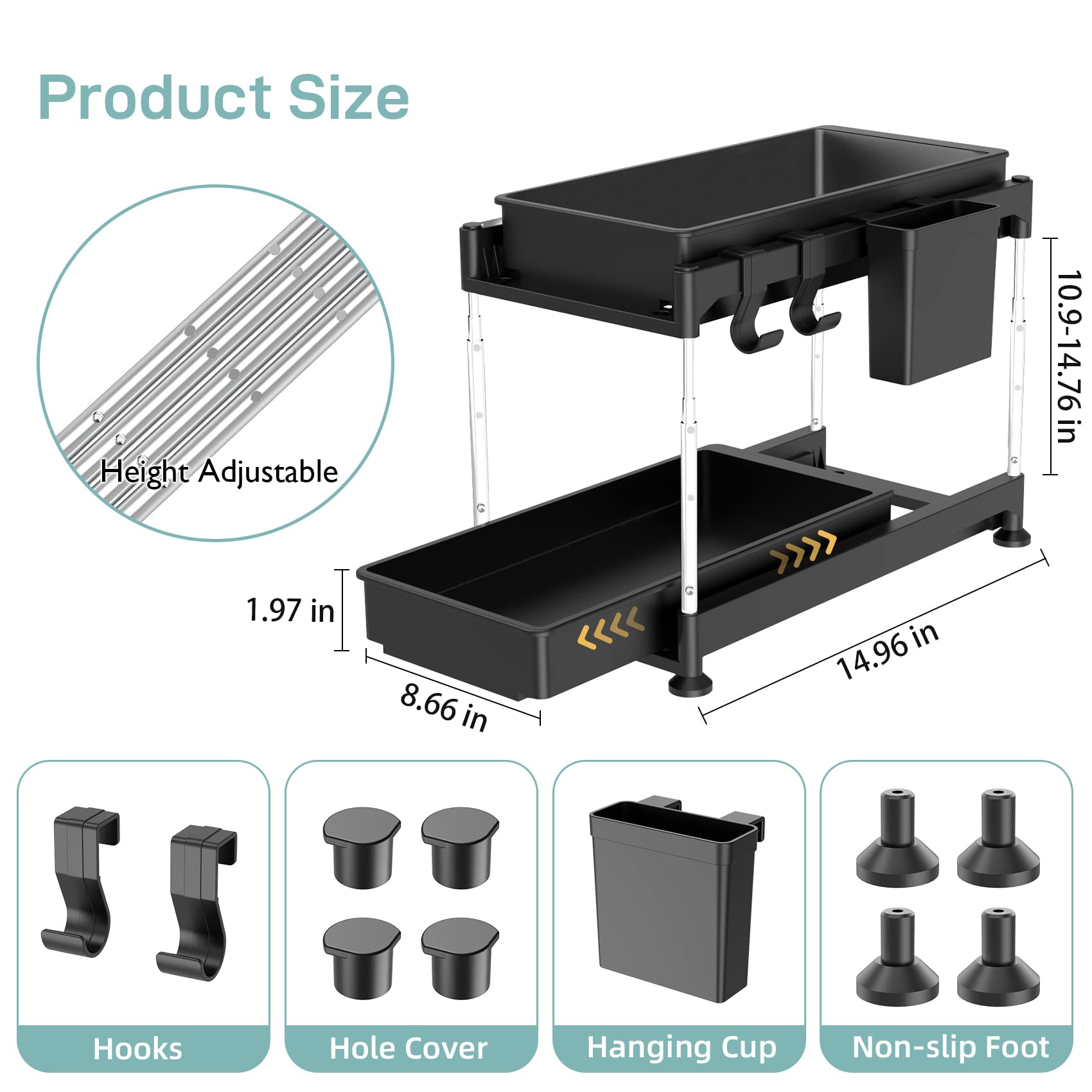 Bathroom Organizer, HEMOPLT Double Sliding Under Sink Organizers and Storage, Adjustable Height Under Bathroom Sink Organizers and Storage, Non-slip Mat Bathroom Drawer Organizers