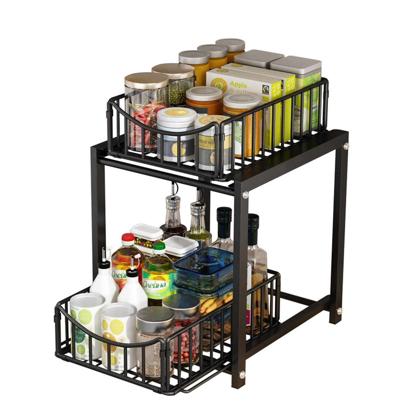 2 Tier Under Sink Pull Out Organizer, Under Cabinet Organizer with Sliding Drawer, Black Stainless Steel Kitchen Uorganization and storage Suitable for Bathroom, Kitchen