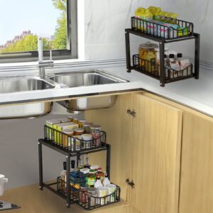 2 Tier Under Sink Pull Out Organizer, Under Cabinet Organizer with Sliding Drawer, Black Stainless Steel Kitchen Uorganization and storage Suitable for Bathroom, Kitchen