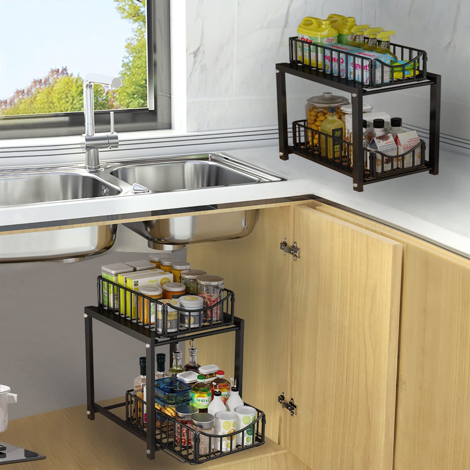 2 Tier Under Sink Pull Out Organizer, Under Cabinet Organizer with Sliding Drawer, Black Stainless Steel Kitchen Uorganization and storage Suitable for Bathroom, Kitchen