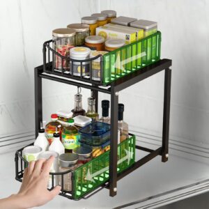 2 Tier Under Sink Pull Out Organizer, Under Cabinet Organizer with Sliding Drawer, Black Stainless Steel Kitchen Uorganization and storage Suitable for Bathroom, Kitchen