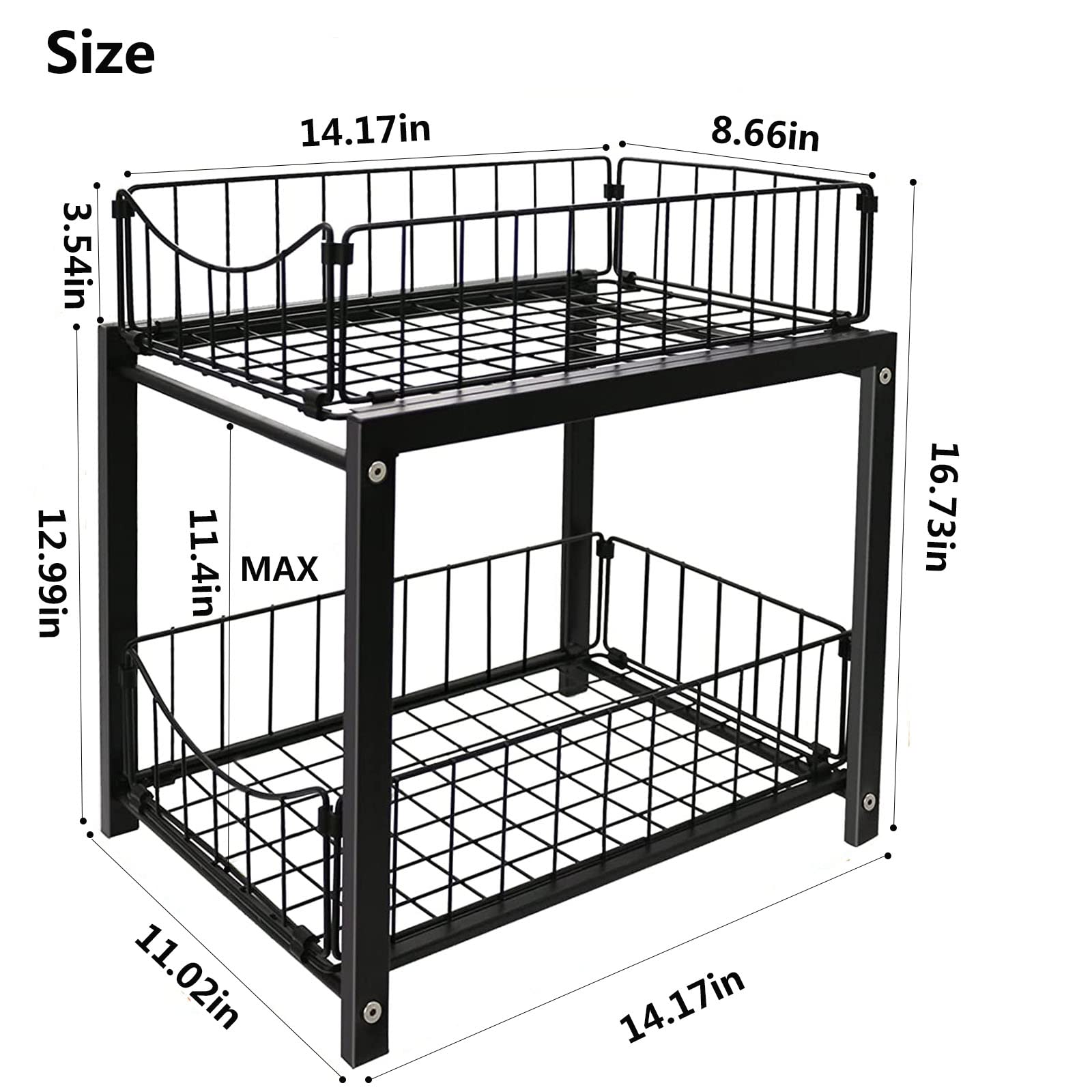 2 Tier Under Sink Pull Out Organizer, Under Cabinet Organizer with Sliding Drawer, Black Stainless Steel Kitchen Uorganization and storage Suitable for Bathroom, Kitchen