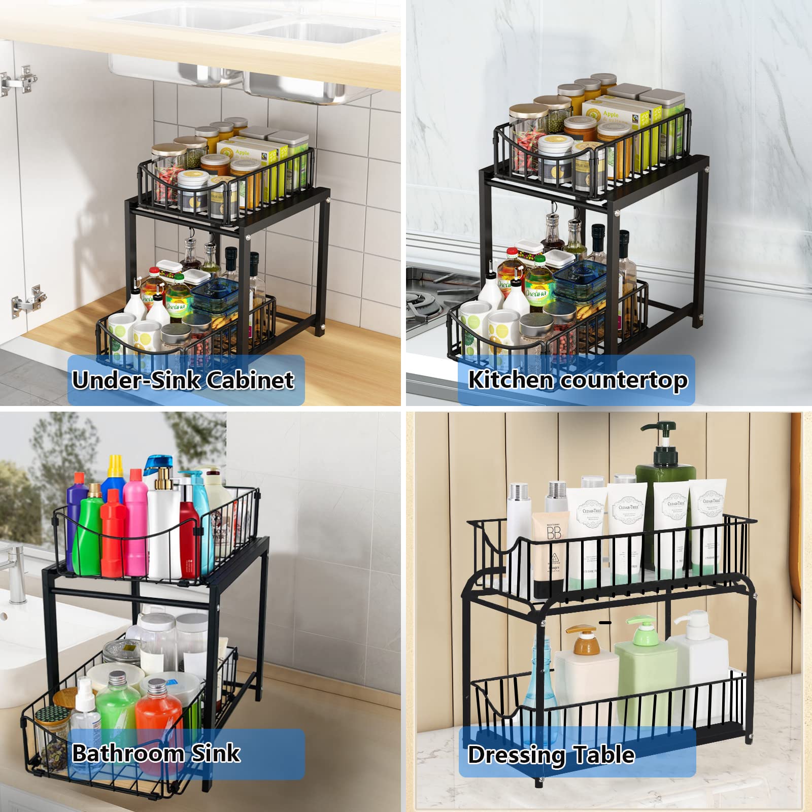 2 Tier Under Sink Pull Out Organizer, Under Cabinet Organizer with Sliding Drawer, Black Stainless Steel Kitchen Uorganization and storage Suitable for Bathroom, Kitchen