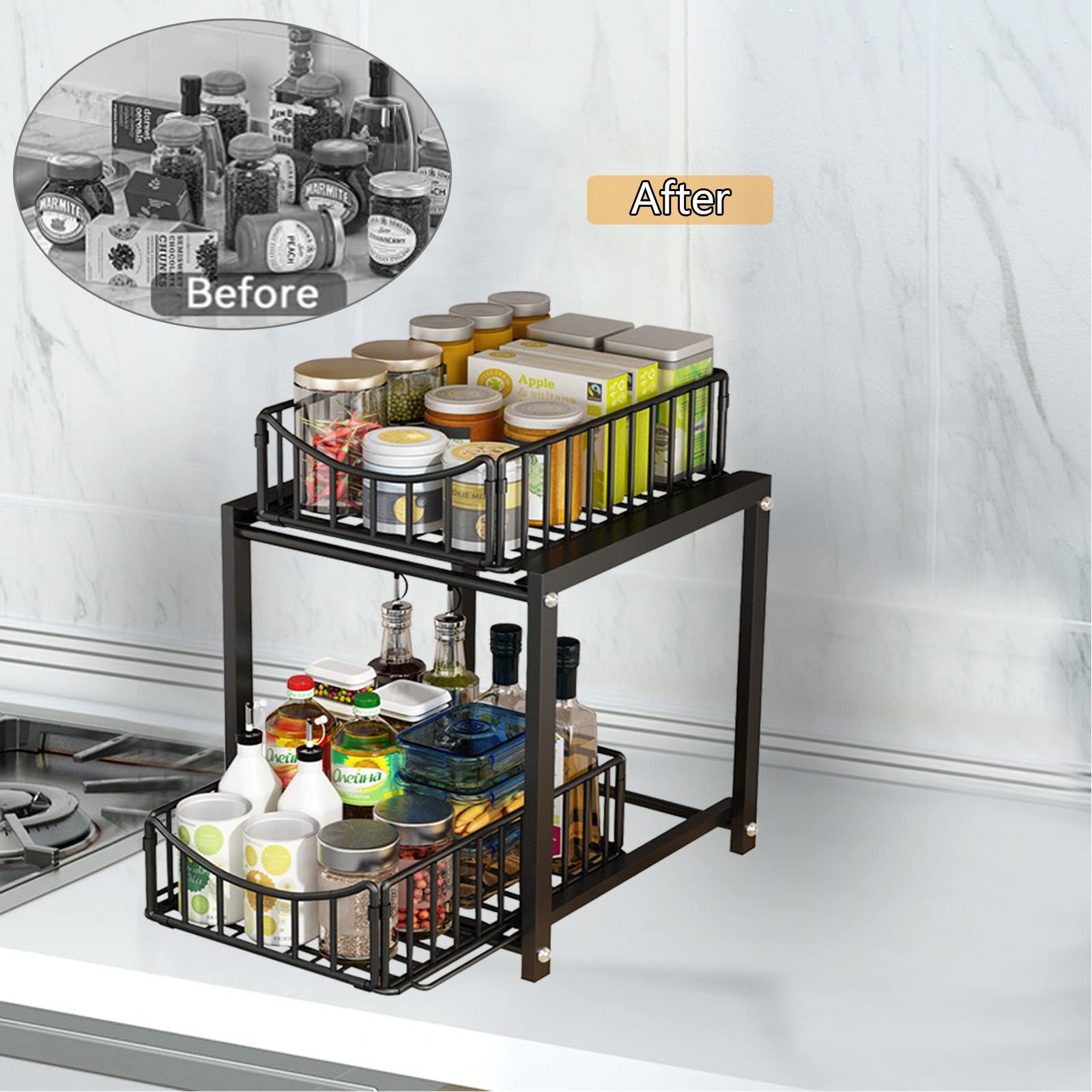 2 Tier Under Sink Pull Out Organizer, Under Cabinet Organizer with Sliding Drawer, Black Stainless Steel Kitchen Uorganization and storage Suitable for Bathroom, Kitchen