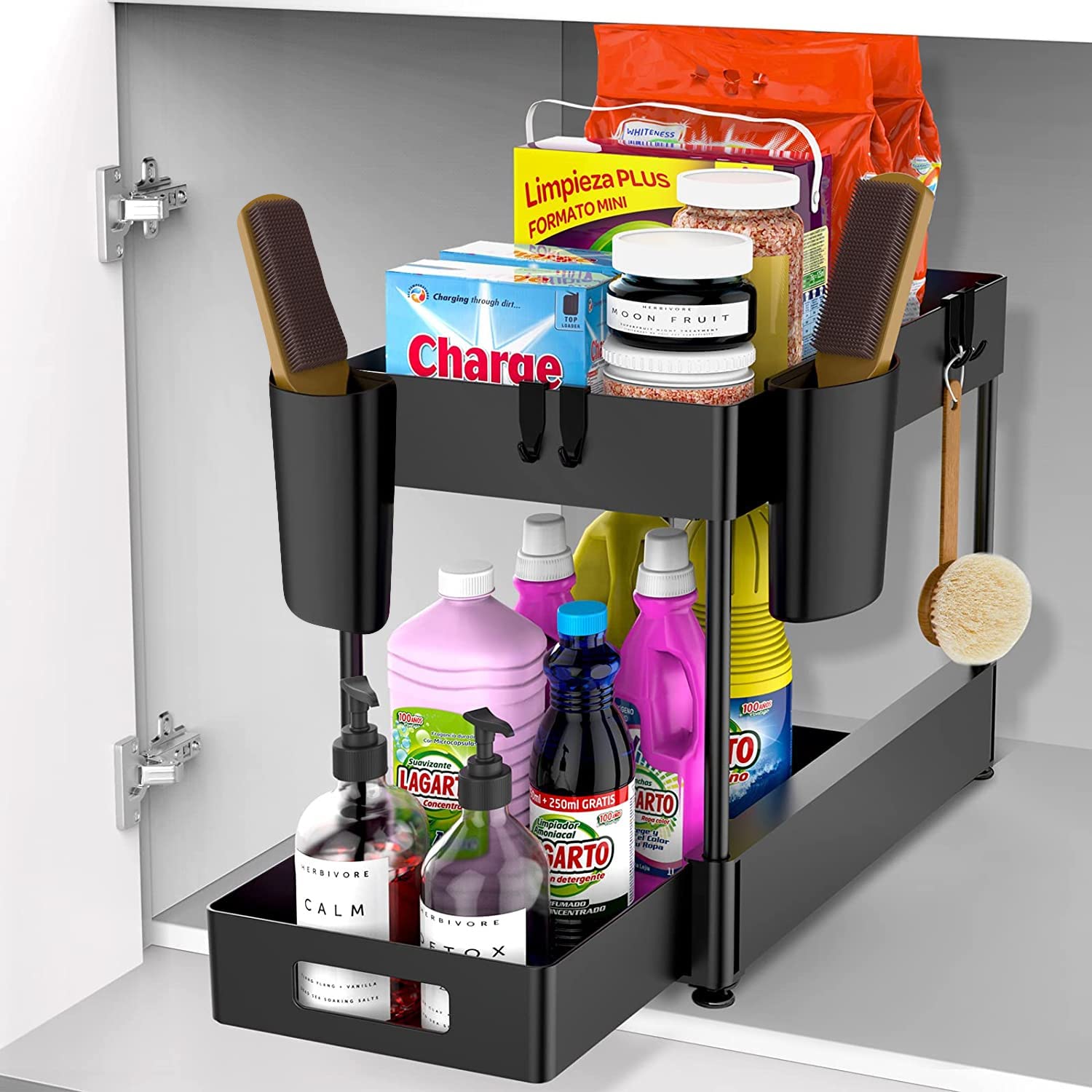 MARGHAZAR-Under Sink Organizers and Storage Bathroom-2 Tier Sliding Under Cabinet Organizer with 2 Cups 4 Hooks-Multi-Purpose Storage Shelf for Bathroom Kitchen Organization-Black