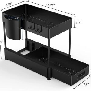 MARGHAZAR-Under Sink Organizers and Storage Bathroom-2 Tier Sliding Under Cabinet Organizer with 2 Cups 4 Hooks-Multi-Purpose Storage Shelf for Bathroom Kitchen Organization-Black