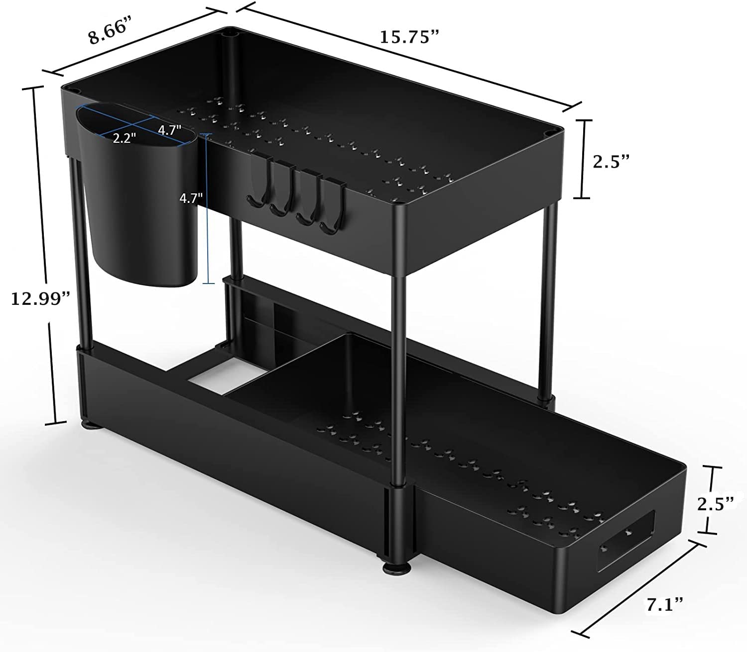 MARGHAZAR-Under Sink Organizers and Storage Bathroom-2 Tier Sliding Under Cabinet Organizer with 2 Cups 4 Hooks-Multi-Purpose Storage Shelf for Bathroom Kitchen Organization-Black