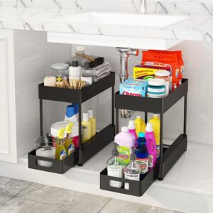 MARGHAZAR-Under Sink Organizers and Storage Bathroom-2 Tier Sliding Under Cabinet Organizer with 2 Cups 4 Hooks-Multi-Purpose Storage Shelf for Bathroom Kitchen Organization-Black