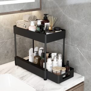 MARGHAZAR-Under Sink Organizers and Storage Bathroom-2 Tier Sliding Under Cabinet Organizer with 2 Cups 4 Hooks-Multi-Purpose Storage Shelf for Bathroom Kitchen Organization-Black