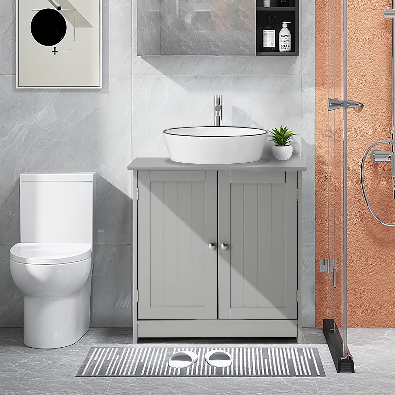 VINGLI Under Sink Bathroom Cabinet Pedestal Sink Free Standing Storage Cabinet Organizer with with 2 Doors Adjustable Shelf Modern Grey Small Bath Sink Cabinet Space Saver 23.6" x 11.8"x 23.6"