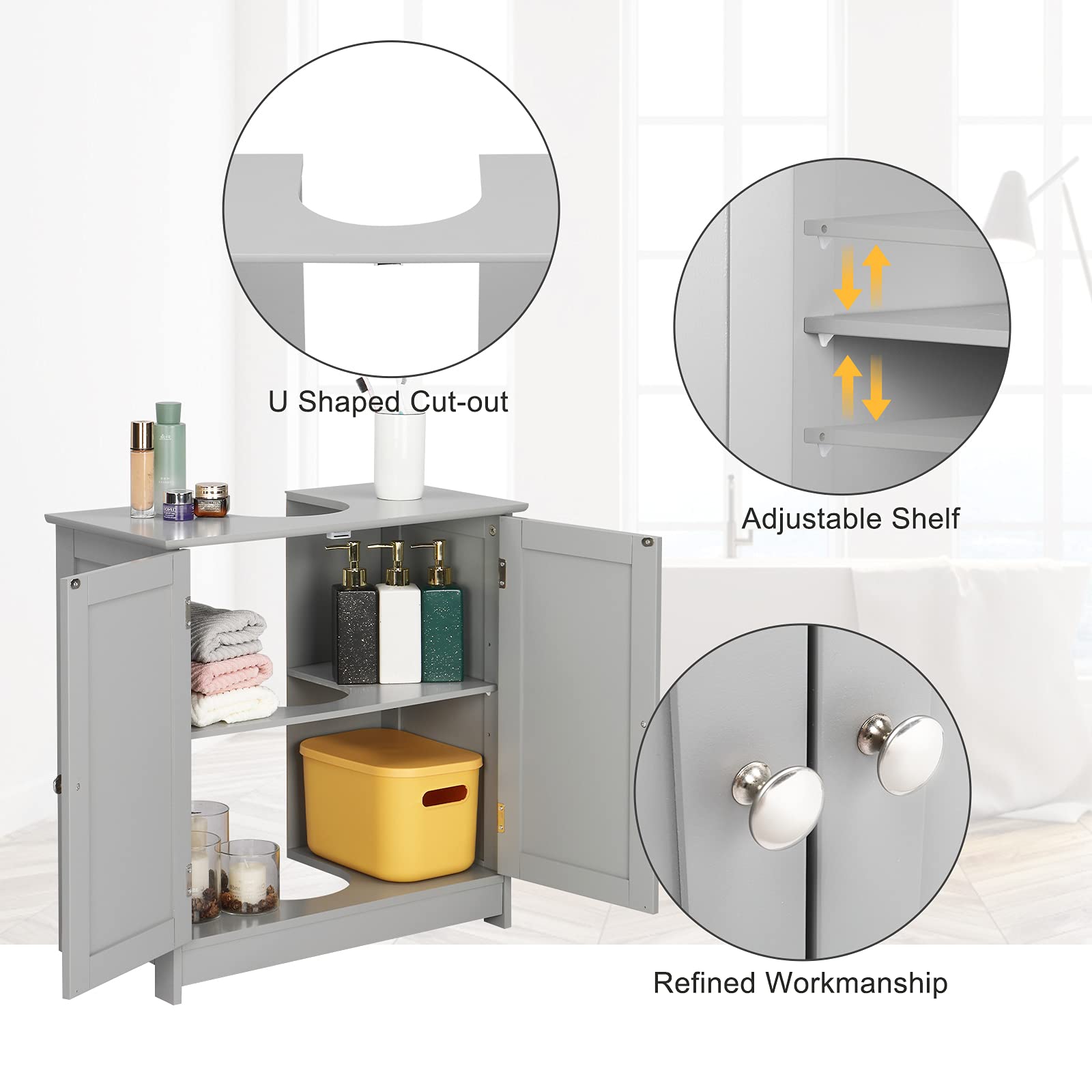 VINGLI Under Sink Bathroom Cabinet Pedestal Sink Free Standing Storage Cabinet Organizer with with 2 Doors Adjustable Shelf Modern Grey Small Bath Sink Cabinet Space Saver 23.6" x 11.8"x 23.6"