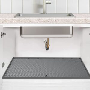 under sink mat waterproof, under sink liner with drain hole, kitchen bathroom silicone cabinet liner hold up to 3.3 gallons liquid (grey), gray, 34 inches * 22 inches * 1 inches