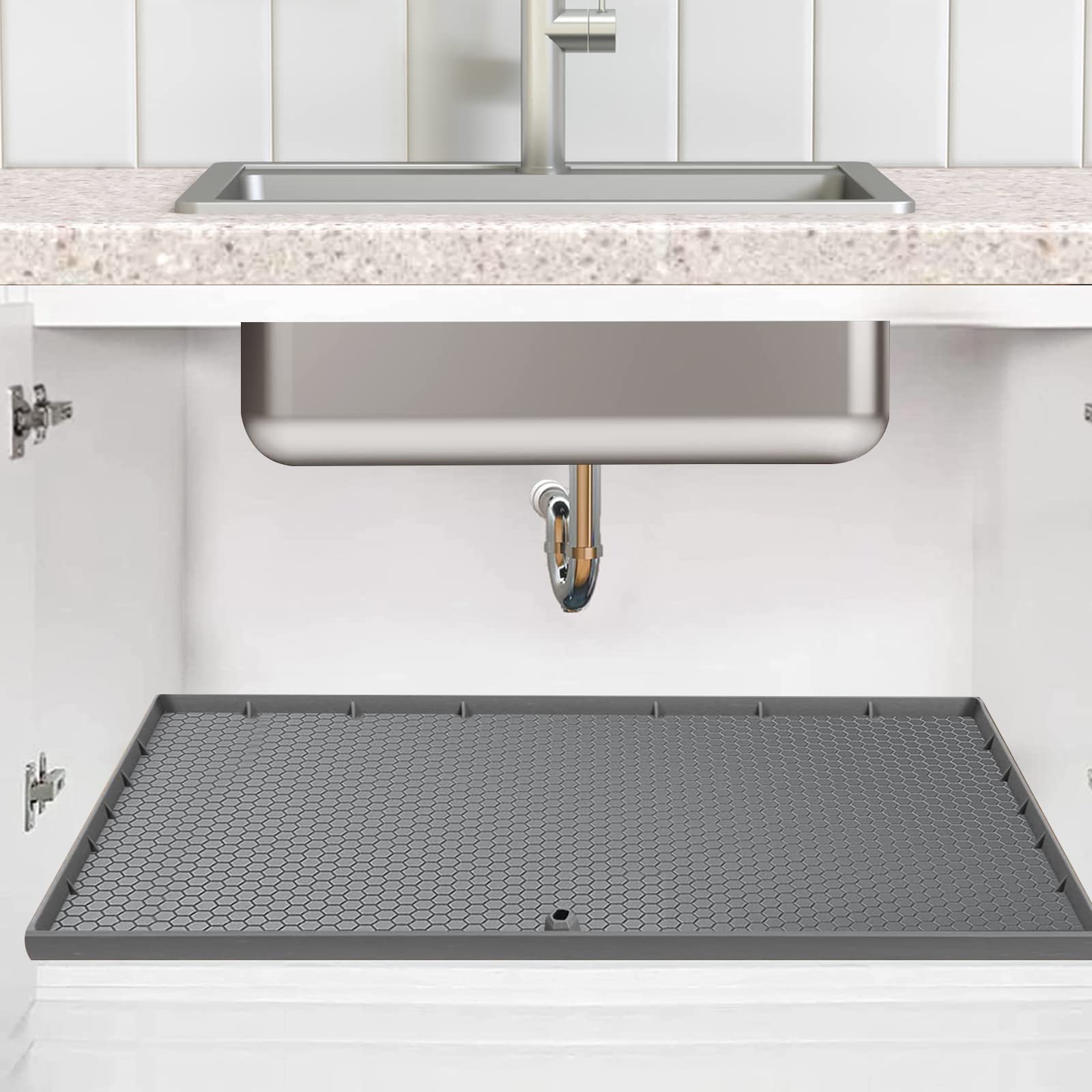 Under Sink Mat Waterproof, Under Sink Liner with Drain Hole, Kitchen Bathroom Silicone Cabinet Liner Hold up to 3.3 Gallons Liquid (Grey), Gray, 34 inches * 22 inches * 1 inches