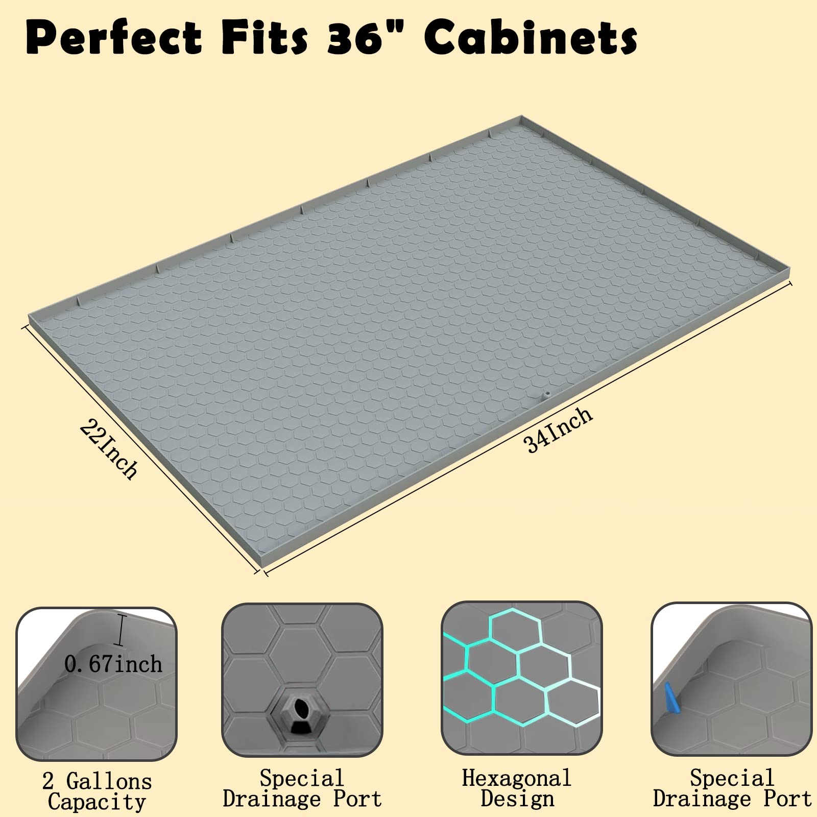 Under Sink Mat Waterproof, Under Sink Liner with Drain Hole, Kitchen Bathroom Silicone Cabinet Liner Hold up to 3.3 Gallons Liquid (Grey), Gray, 34 inches * 22 inches * 1 inches