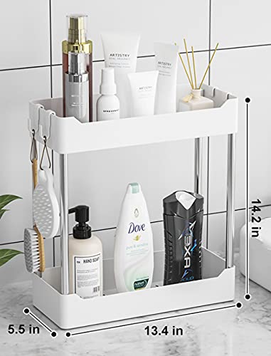 2 Tier Bathroom Organizer Under Sink Organizer Bath Collection Baskets with Hooks Multi-purpose Bathroom Storage for Bathroom Kitchen, White