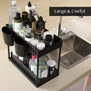 Sliding Cabinet Basket Organizer, 2 Tier Bathroom Under Sink Organizer and Storage, Kitchen Cabinet Organizers Baskets with 4 Hooks and 2 Hanging Cups