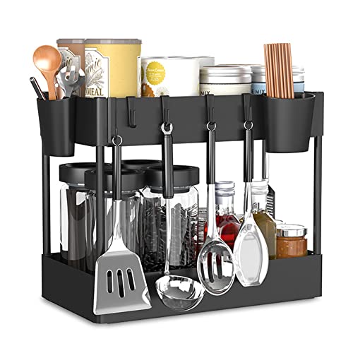 Axbima 2 Tier Under Sink Organizer, Under Bathroom Sink Storage, Under Kitchen Sink Shelf Rack with 2 Hanging Cups & Hooks for Cabinet Countertop Bathroom Laundry Garages (Black)