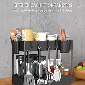 Axbima 2 Tier Under Sink Organizer, Under Bathroom Sink Storage, Under Kitchen Sink Shelf Rack with 2 Hanging Cups & Hooks for Cabinet Countertop Bathroom Laundry Garages (Black)