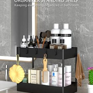 Axbima 2 Tier Under Sink Organizer, Under Bathroom Sink Storage, Under Kitchen Sink Shelf Rack with 2 Hanging Cups & Hooks for Cabinet Countertop Bathroom Laundry Garages (Black)