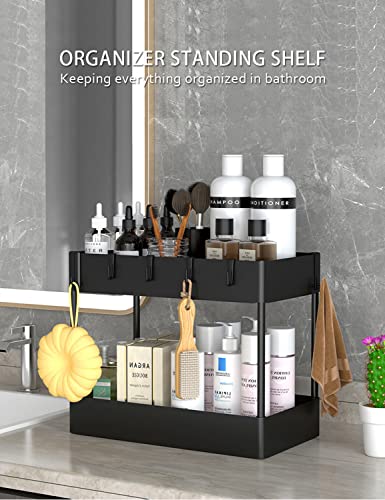 Axbima 2 Tier Under Sink Organizer, Under Bathroom Sink Storage, Under Kitchen Sink Shelf Rack with 2 Hanging Cups & Hooks for Cabinet Countertop Bathroom Laundry Garages (Black)