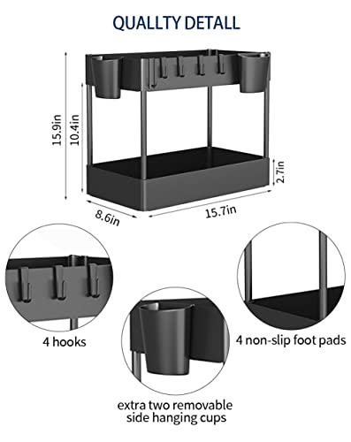 Axbima 2 Tier Under Sink Organizer, Under Bathroom Sink Storage, Under Kitchen Sink Shelf Rack with 2 Hanging Cups & Hooks for Cabinet Countertop Bathroom Laundry Garages (Black)