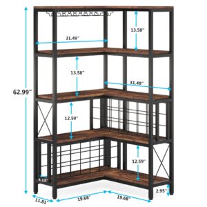 Tribesigns Large Corner Wine Rack, 5-Tier L Shaped Industrial Freestanding Floor Bar Cabinets for Liquor and Glasses Storage, Wooden Wine Bottle Holder Shelf for Home Kitchen (Rustic Brown)