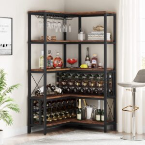 Tribesigns Large Corner Wine Rack, 5-Tier L Shaped Industrial Freestanding Floor Bar Cabinets for Liquor and Glasses Storage, Wooden Wine Bottle Holder Shelf for Home Kitchen (Rustic Brown)