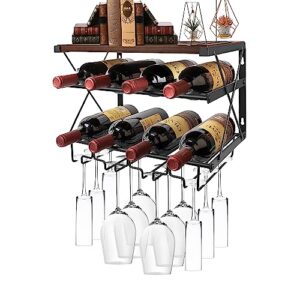 ooir onoo wall mounted wine rack - wood rustic wine bottle glass floating shelves holds with stemware rack, 8 x glasses and 11 xwine bottles for kitchen,dining room,bar,15 inch（black）