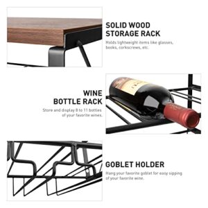 OOir onOO Wall Mounted Wine Rack - Wood Rustic Wine Bottle Glass Floating Shelves Holds with Stemware Rack, 8 x Glasses and 11 xWine Bottles for Kitchen,Dining Room,Bar,15 Inch（Black）