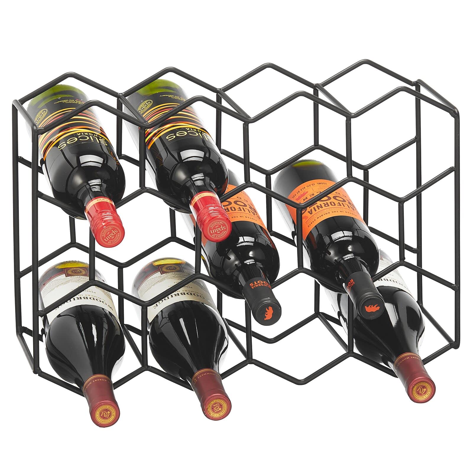 mDesign Metal Hexagon 3-Tier Wine Rack - Minimalist Bottle Holder for Kitchen Countertop, Pantry, or Refrigerator Space - Wine, Beer, Pop/Soda, Water Bottles, and Juice, Holds 11 Bottles - Matte Black