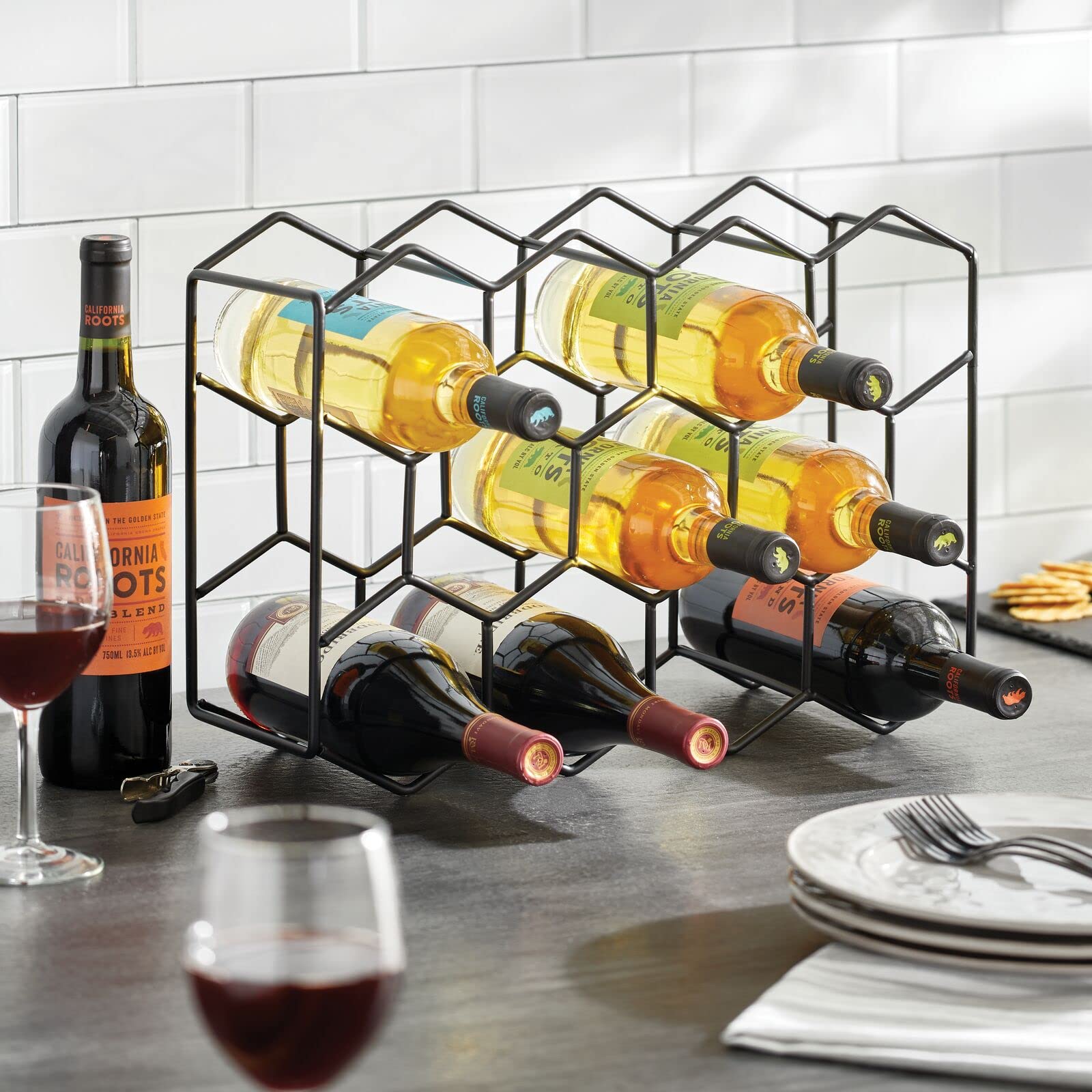 mDesign Metal Hexagon 3-Tier Wine Rack - Minimalist Bottle Holder for Kitchen Countertop, Pantry, or Refrigerator Space - Wine, Beer, Pop/Soda, Water Bottles, and Juice, Holds 11 Bottles - Matte Black