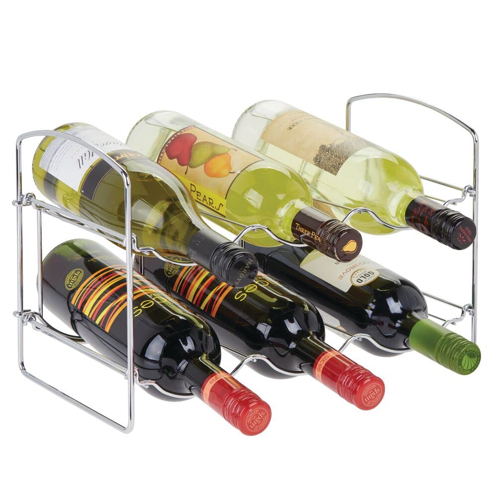 mDesign Metal Free-Standing Water Sports Bottle and Wine Rack Holder Stand for Storage Organizing in Kitchen Cabinet Countertops, Pantry - Collapsible - 2 Tiers, Holds 6 Bottles - Bronze