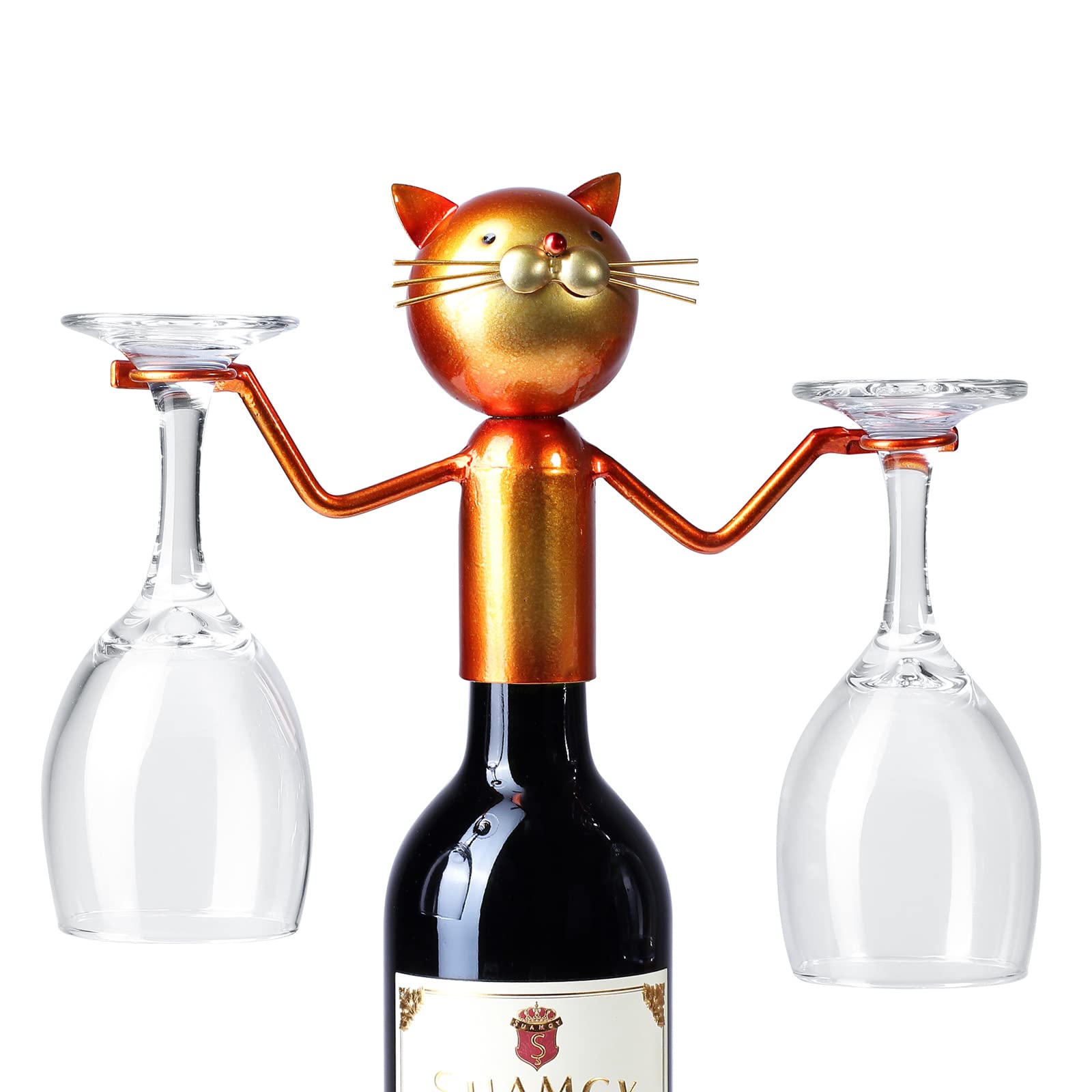 Drincarier Cat Decor Wine Bottle & Glass Holders Tabletop Wine Racks Shelf Metal Wine Bottle Holder Hold 1 Wine Bottle and 2 Glasses (Cat Wine Glass Holder)………