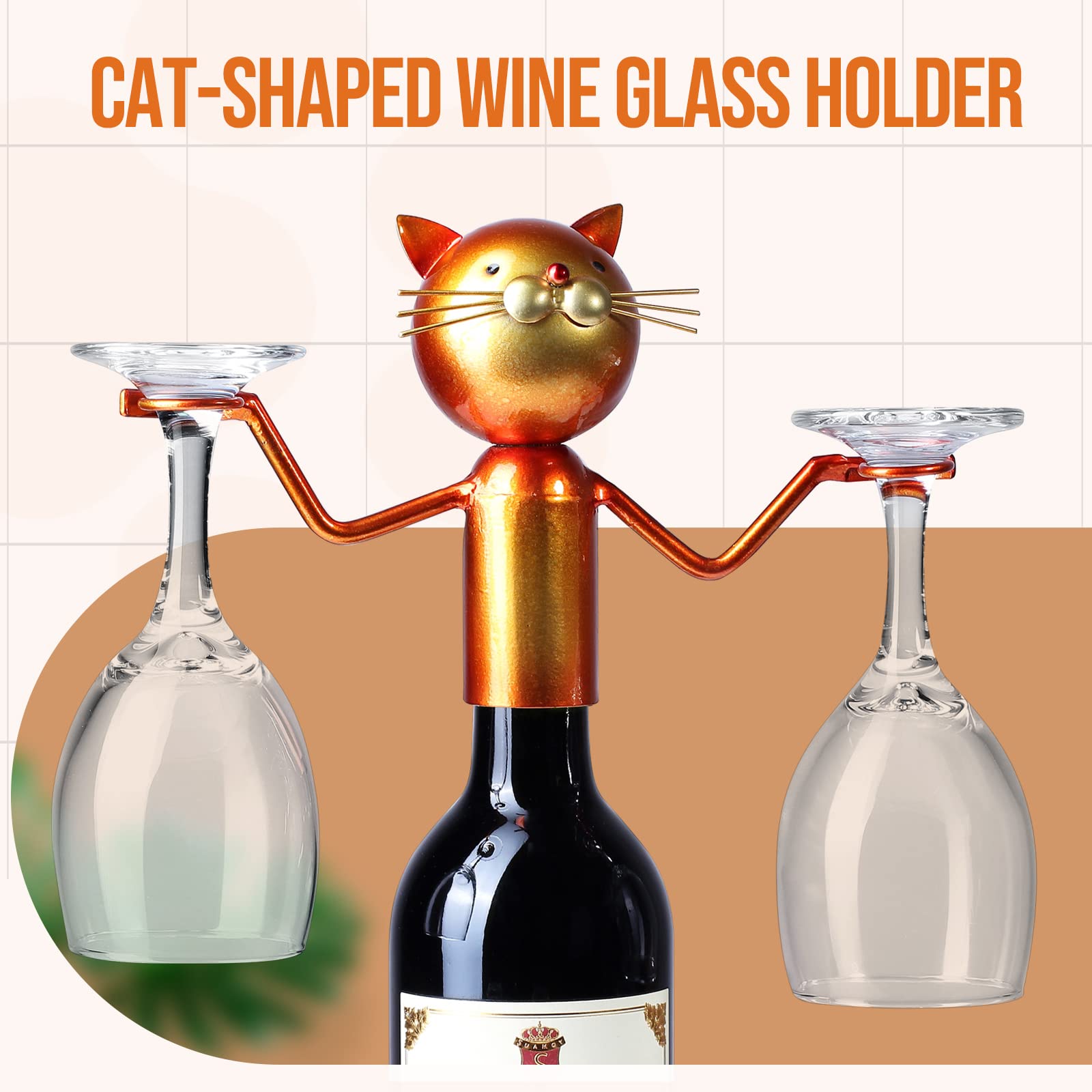 Drincarier Cat Decor Wine Bottle & Glass Holders Tabletop Wine Racks Shelf Metal Wine Bottle Holder Hold 1 Wine Bottle and 2 Glasses (Cat Wine Glass Holder)………